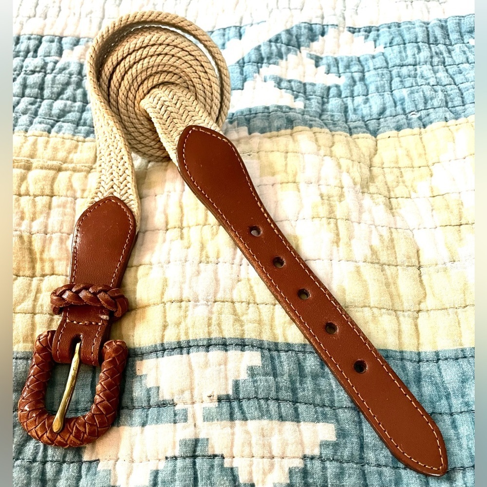 Lands’ End Vintage Tan & Brown Braided Belt – Cotton & Leather, Made in USA